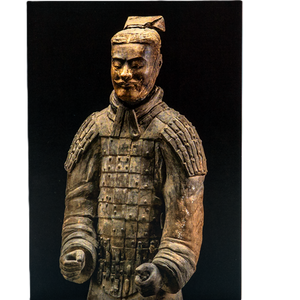 Notecard featuring a Terracotta Warrior statue in detailed armor with intricate patterns, set against a solid black background.