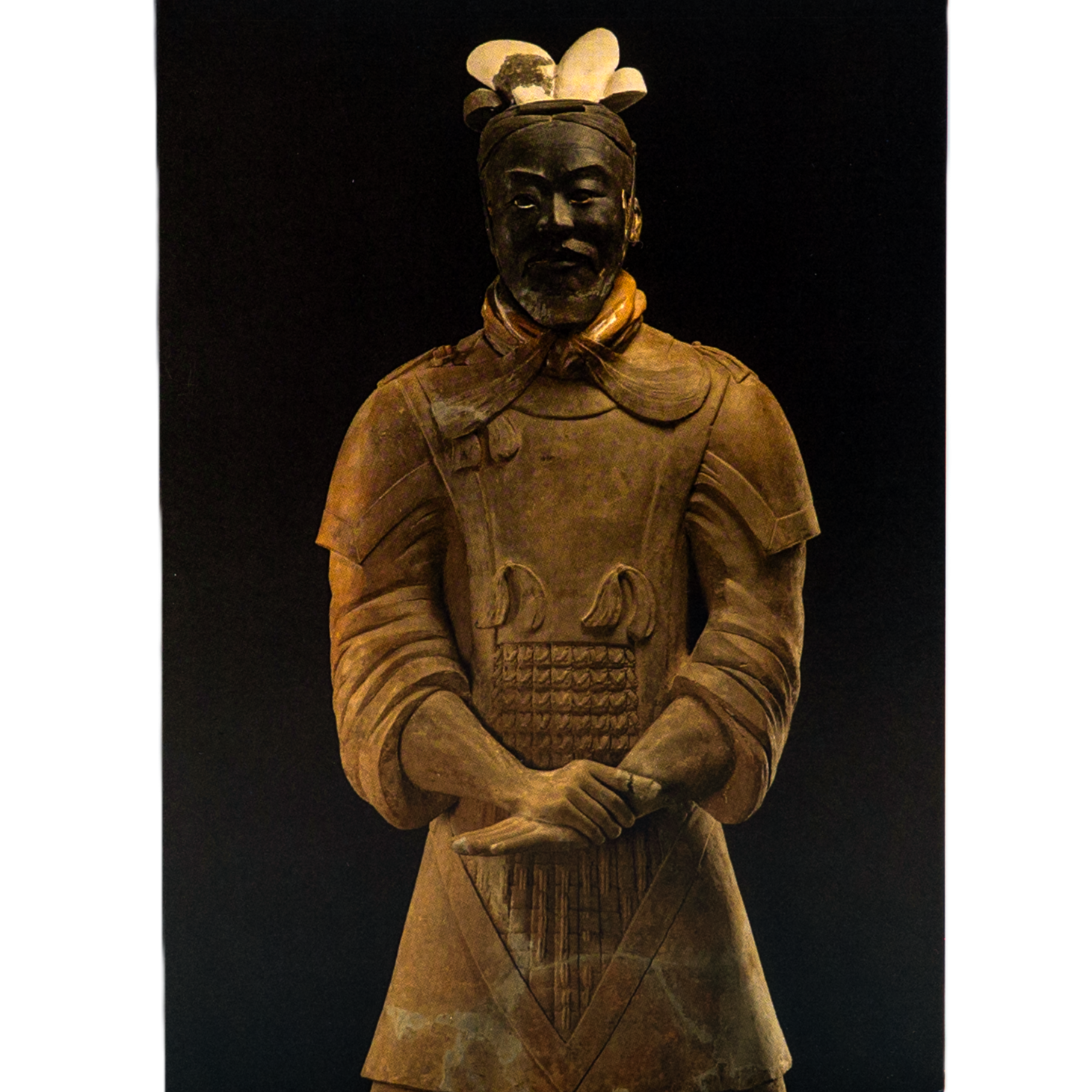 Notecard featuring a Terracotta Warrior statue in full armor with clasped hands and a headpiece, set against a solid black background.