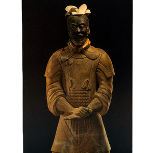 Notecard featuring a Terracotta Warrior statue in full armor with clasped hands and a headpiece, set against a solid black background.