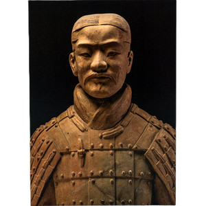 Notecard featuring a front-facing terracotta warrior statue with detailed armor and headpiece, set against a black background to highlight its features.