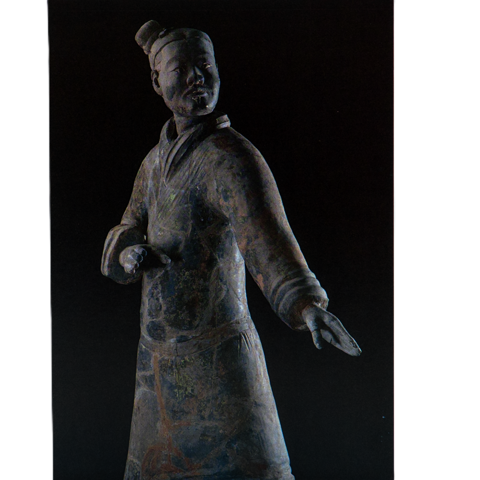 Notecard featuring a terracotta warrior statue in traditional armor with a topknot hairstyle, one arm extended, set against a black background.