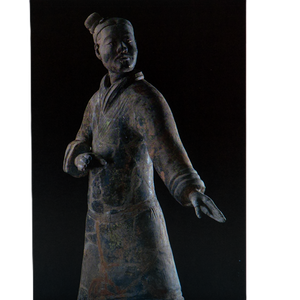 Notecard featuring a terracotta warrior statue in traditional armor with a topknot hairstyle, one arm extended, set against a black background.
