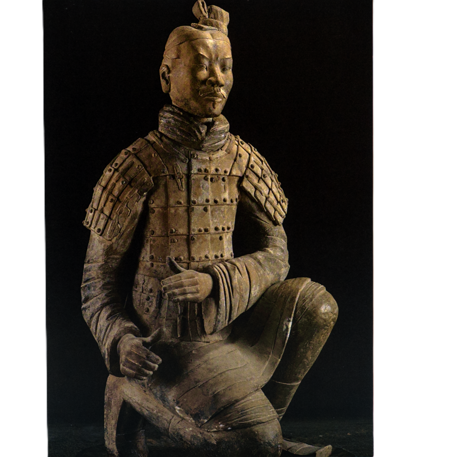 Notecard featuring a kneeling terracotta warrior statue in detailed armor with a topknot hairstyle; set against black background.
