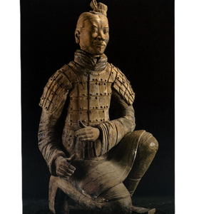 Notecard featuring a kneeling terracotta warrior statue in detailed armor with a topknot hairstyle; set against black background.