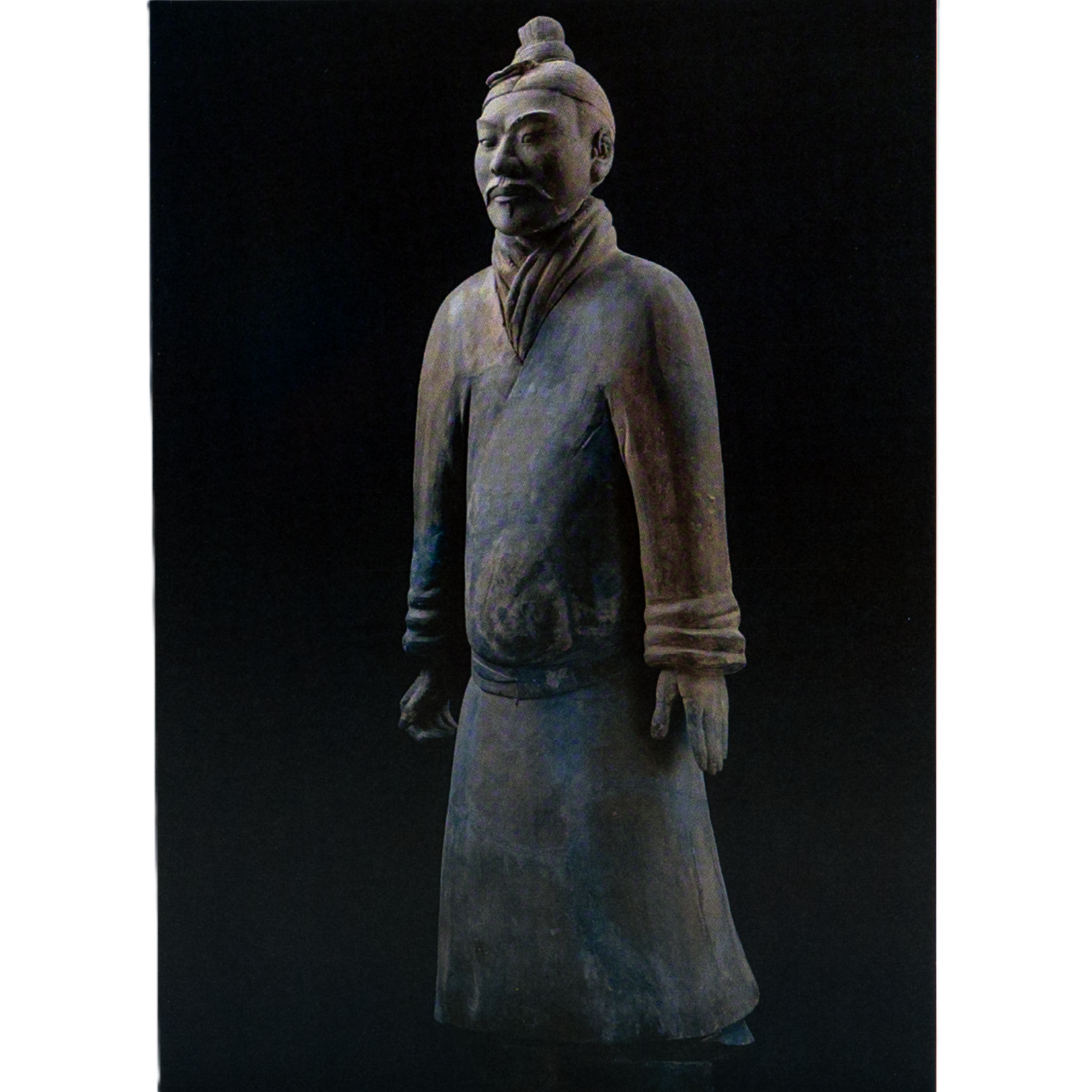 Notecard featuring a standing terracotta warrior statue from the Qin Dynasty in traditional military attire with a topknot, set against a dark background.