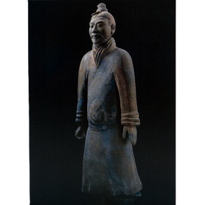 Notecard featuring a standing terracotta warrior statue from the Qin Dynasty in traditional military attire with a topknot, set against a dark background.