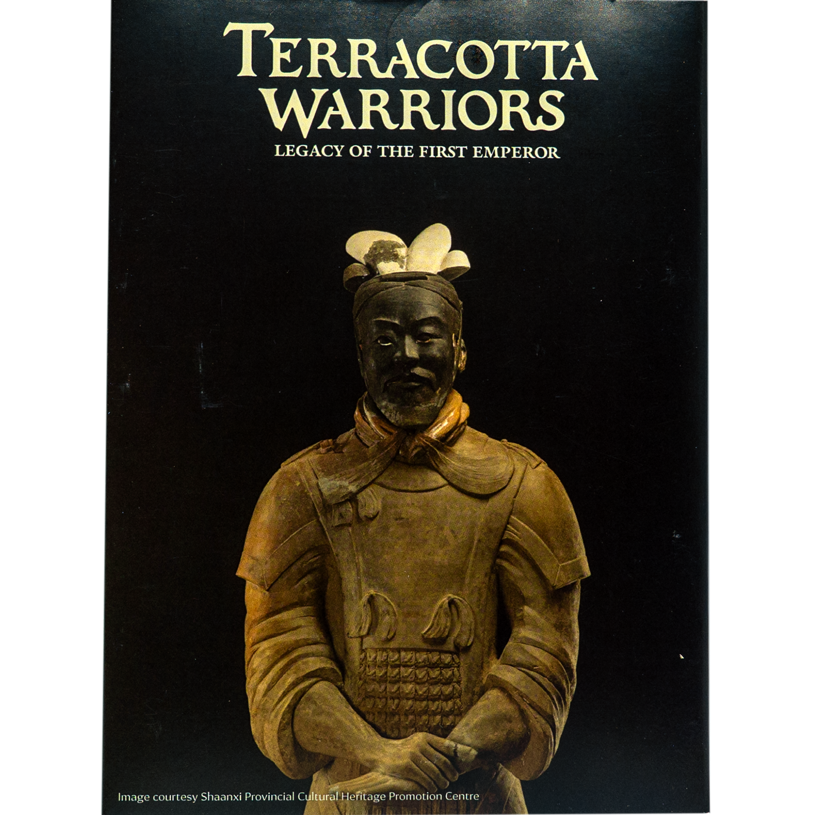 Front of notecard packaging with a Terracotta Warrior statue image on a black background; white text reads 'TERRACOTTA WARRIORS – LEGACY OF THE FIRST EMPEROR'.