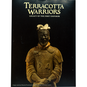 Front of notecard packaging with a Terracotta Warrior statue image on a black background; white text reads 'TERRACOTTA WARRIORS – LEGACY OF THE FIRST EMPEROR'.