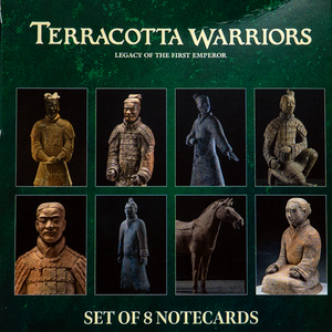 Packaging of Terracotta Warriors notecards set with images of warriors and a horse on a green background.