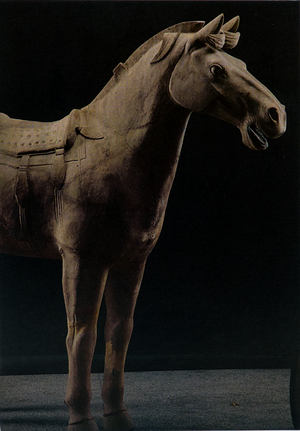 Postcard featuring a terracotta horse sculpture with perked ears, open mouth, and detailed saddle and harness, set against a dark background.