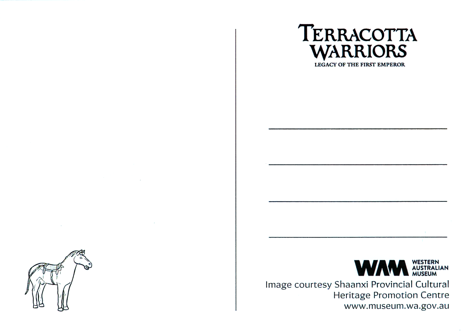 Rear of postcard with blank left section and horse illustration; right section has address lines, exhibition title, image credit, WA Museum logo, and website.