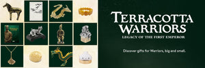 Collection of terracotta warrior figurines and jewelry with 'Terracotta Warriors' branding on a green background.