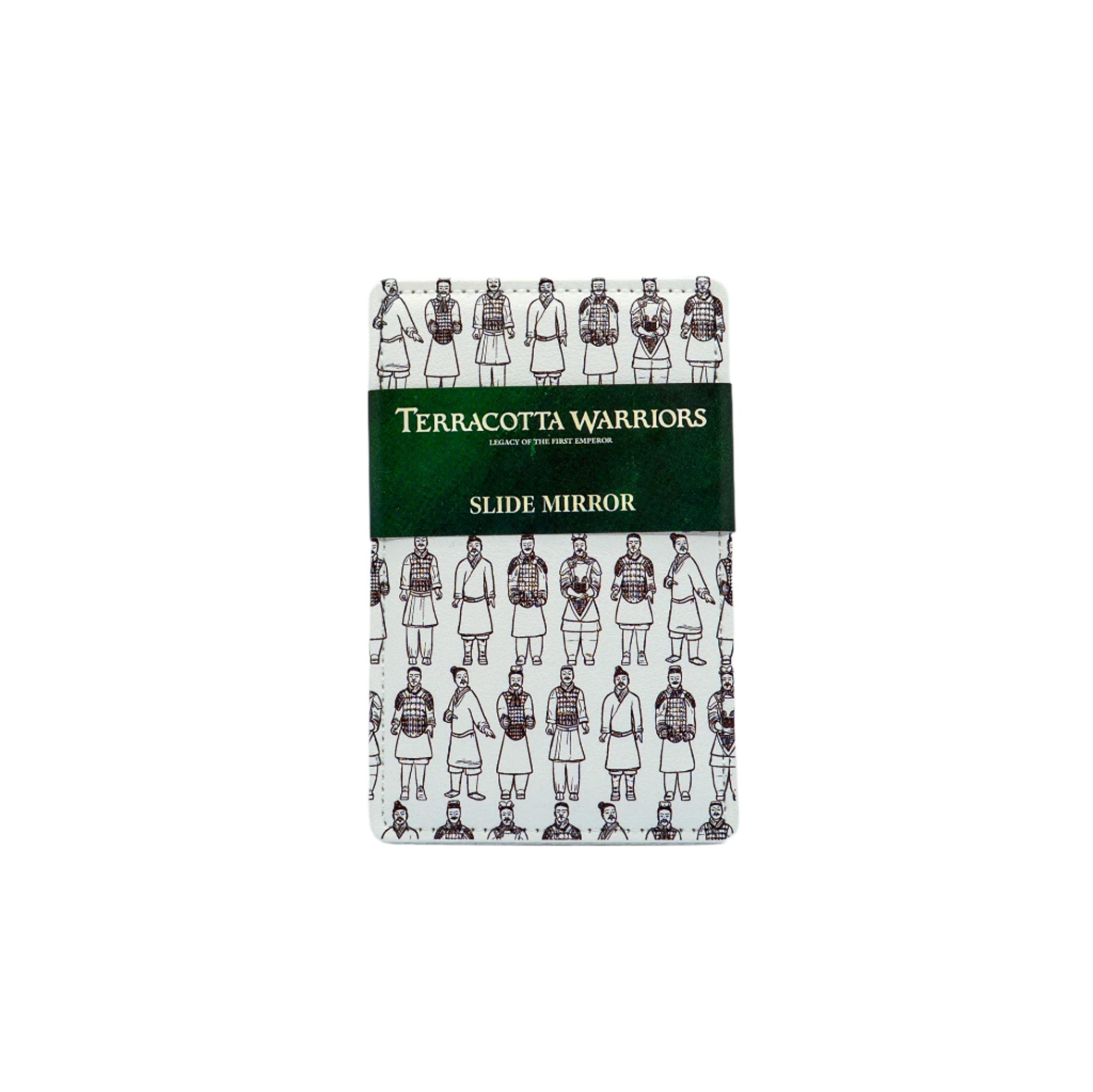 Slide mirror with black illustrations of Terracotta Warriors on a white background. A green band across the center reads 'TERRACOTTA WARRIORS – LEGACY OF THE FIRST EMPEROR' and 'SLIDE MIRROR' in white text.