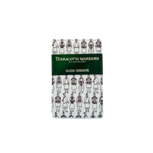 Slide mirror with black illustrations of Terracotta Warriors on a white background. A green band across the center reads 'TERRACOTTA WARRIORS – LEGACY OF THE FIRST EMPEROR' and 'SLIDE MIRROR' in white text.