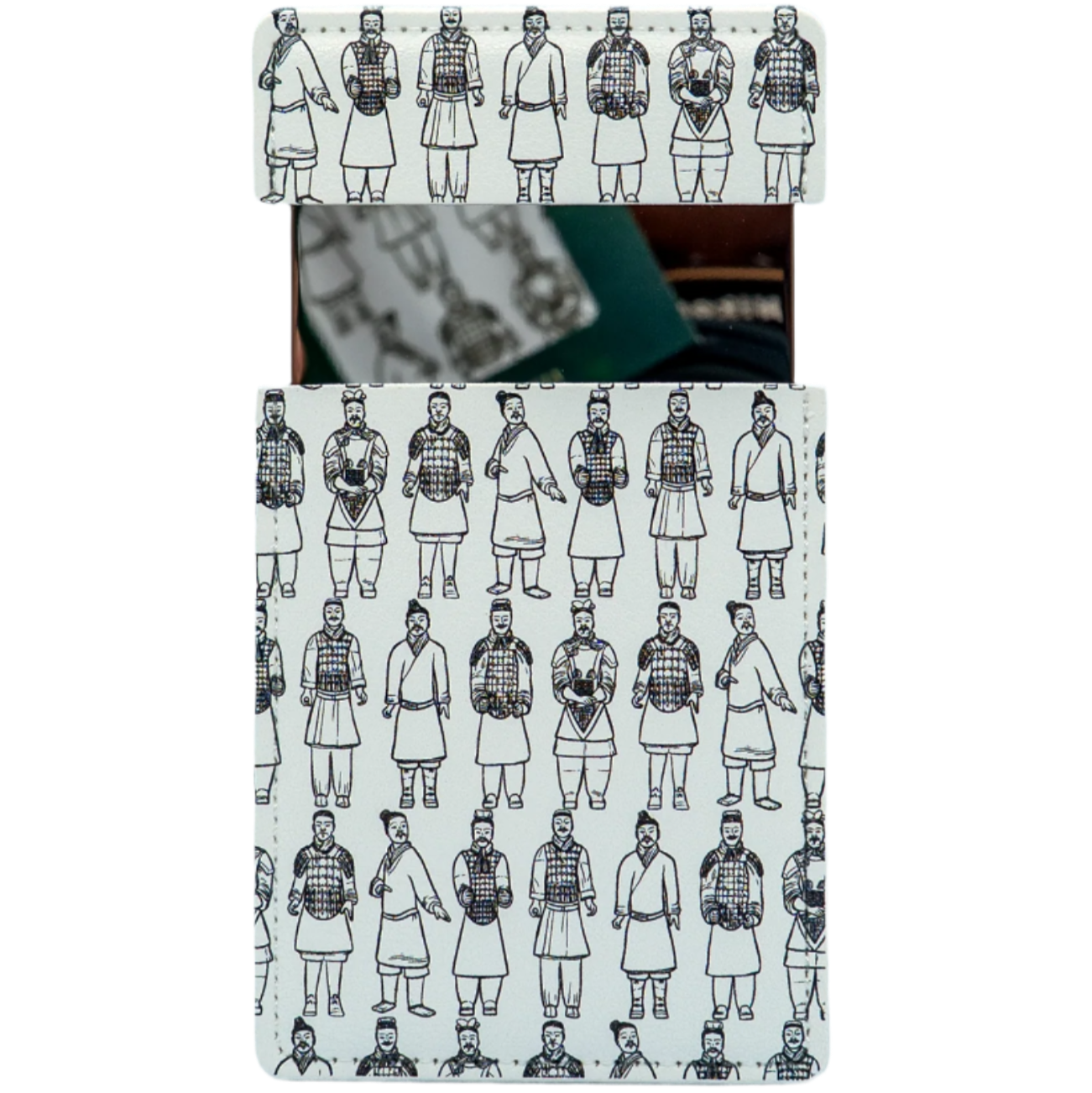 Slide mirror with a white cover featuring black illustrations of Terracotta Warriors in various poses. The cover is partially open, showing the mirror inside.