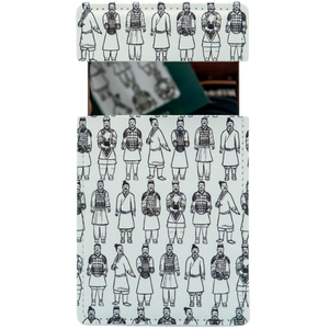 Slide mirror with a white cover featuring black illustrations of Terracotta Warriors in various poses. The cover is partially open, showing the mirror inside.