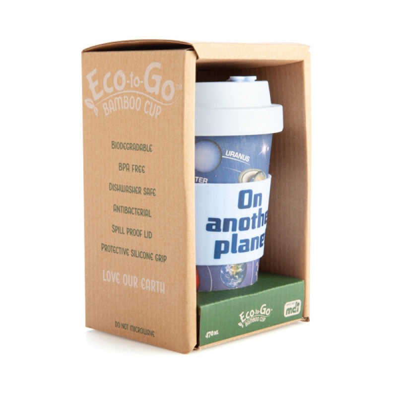 side view image of On Another Plan travel mug in packaging