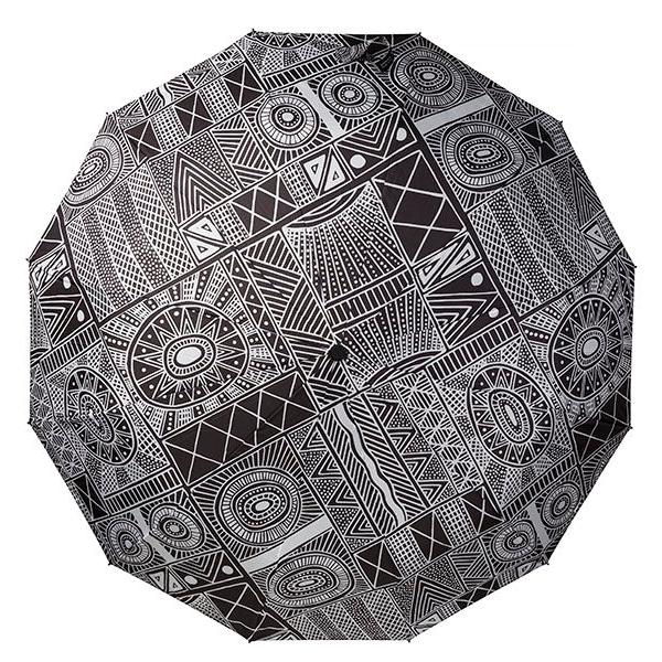 Top view image of unfolded umbrella with artwork by Fiona Purutatameri 