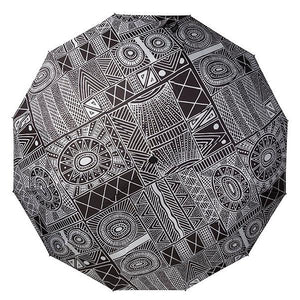 Top view image of unfolded umbrella with artwork by Fiona Purutatameri 