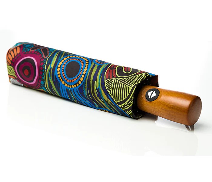 Image of folded umbrella with wooden handle showing artwork by Justin Butler