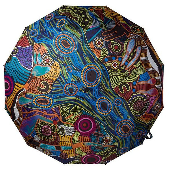Top view image of umbrella showing artwork by Justin Butler