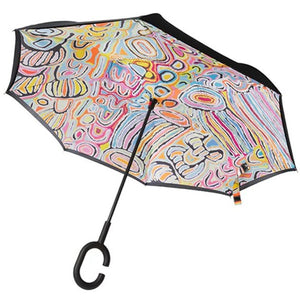 Image of the Invert Umbrella with artwork by Judy Watson showing the inside of the umbrella