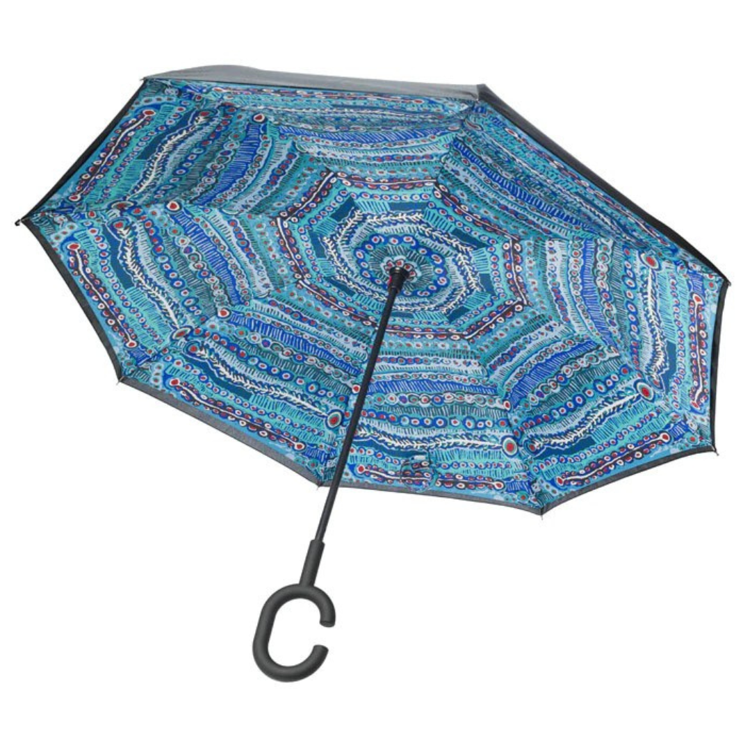 Image of Invert Umbrella with artwork by Murdie Morris showing open umbrella interior
