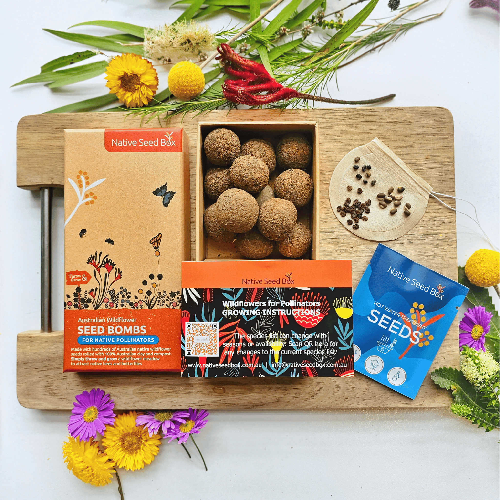 Image of packaging and contents of Native Seed Box's Australian Wildflow Seedbombs for Native Pollinators.