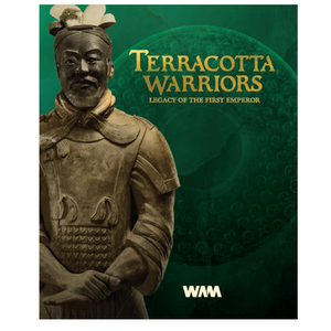 Image of Terracotta Warriors Legacy of the First Emperor Catalog Cover with Green back ground a photo of a standing terracotta warrior figure with gold text.
