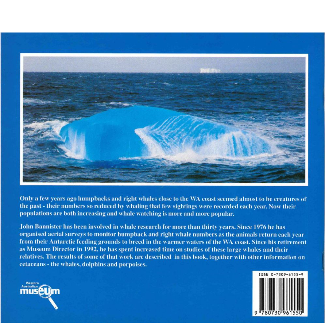 Image of the back cover of the book Western Australian Humpback and Right Whales an increasing success story by John Bannister.