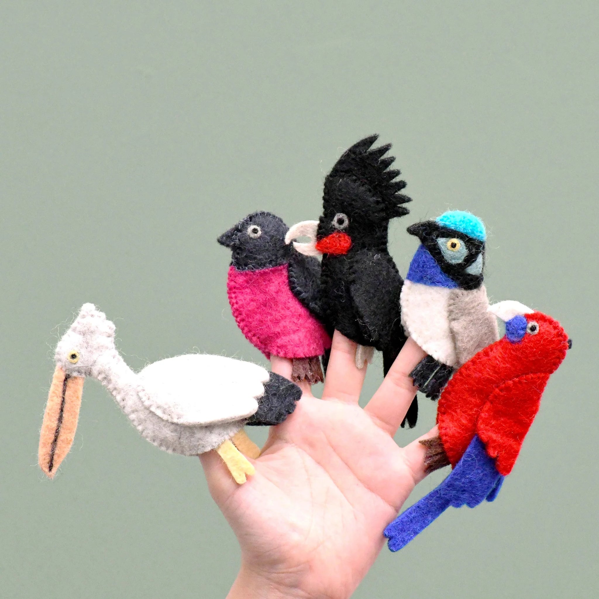 Image of Australian Bird Finger Puppets on hand on green background