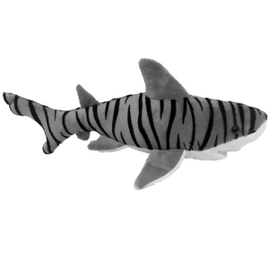 Grey and white shark plush with black tiger stripes