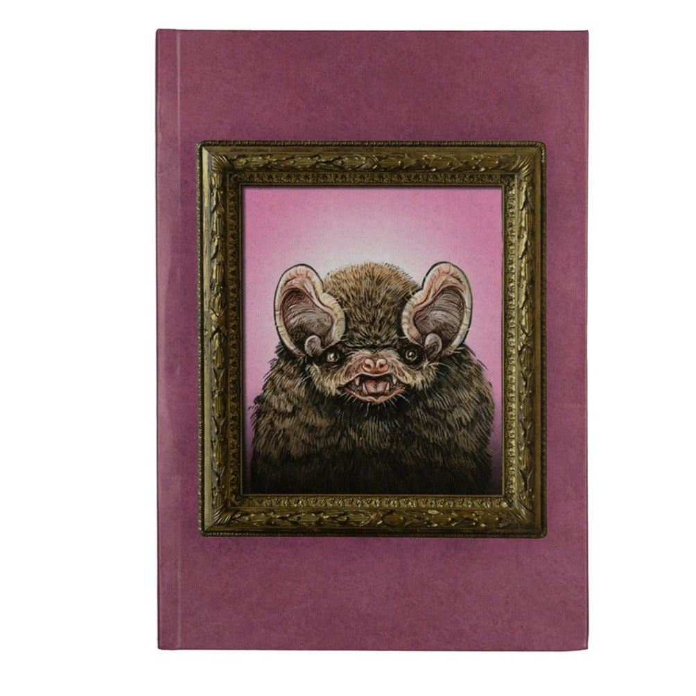 A5 Journal Pink Bats. Bat facing front squash nose 