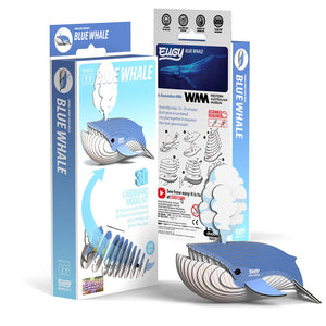 Packaging of a EUGY 3D cardboard model kit for a blue whale, showing the assembled model, age recommendation (6+), eco-friendly features, and illustrated assembly instructions.
