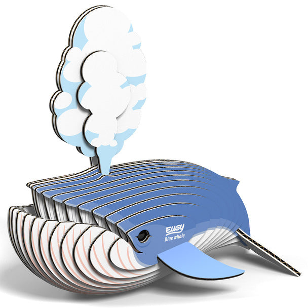 3D cardboard model of a blue whale with layered segments and a water spout. 'EUGY Blue whale' is printed on its side.