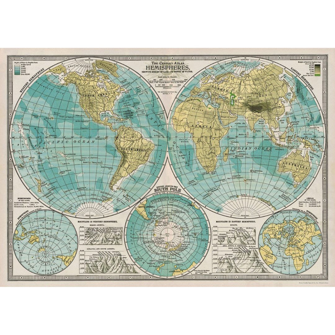 Century Atlas Hemisphere Map Poster